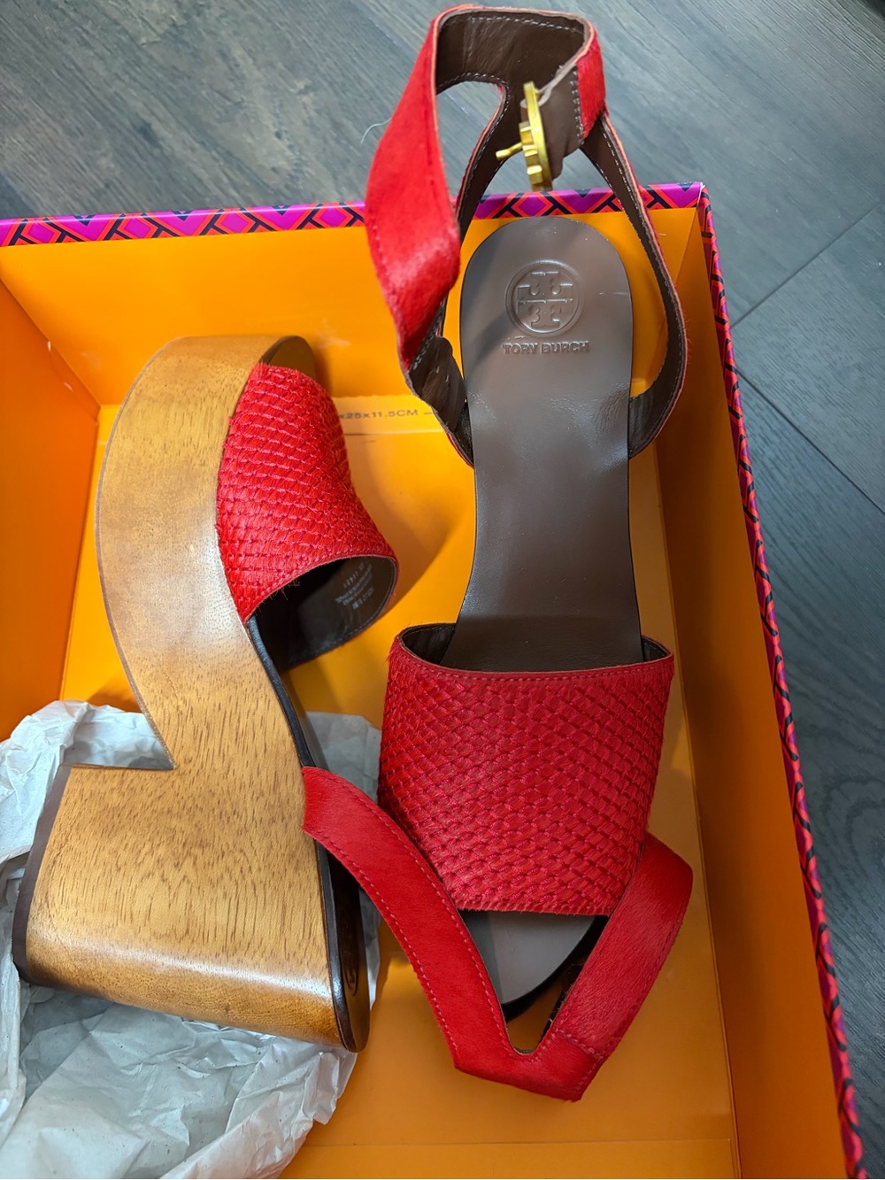 Tory Burch Red Woven Platform Sandals with Wood Heel